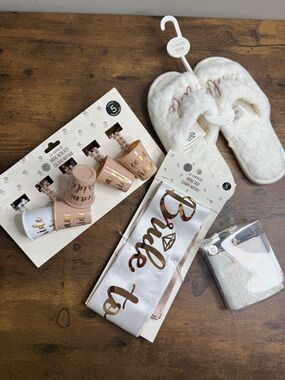 Bride-to-Be Satin Sash and 'Team Bride' Cups Set, Flask, Furry Slippers Bundle
